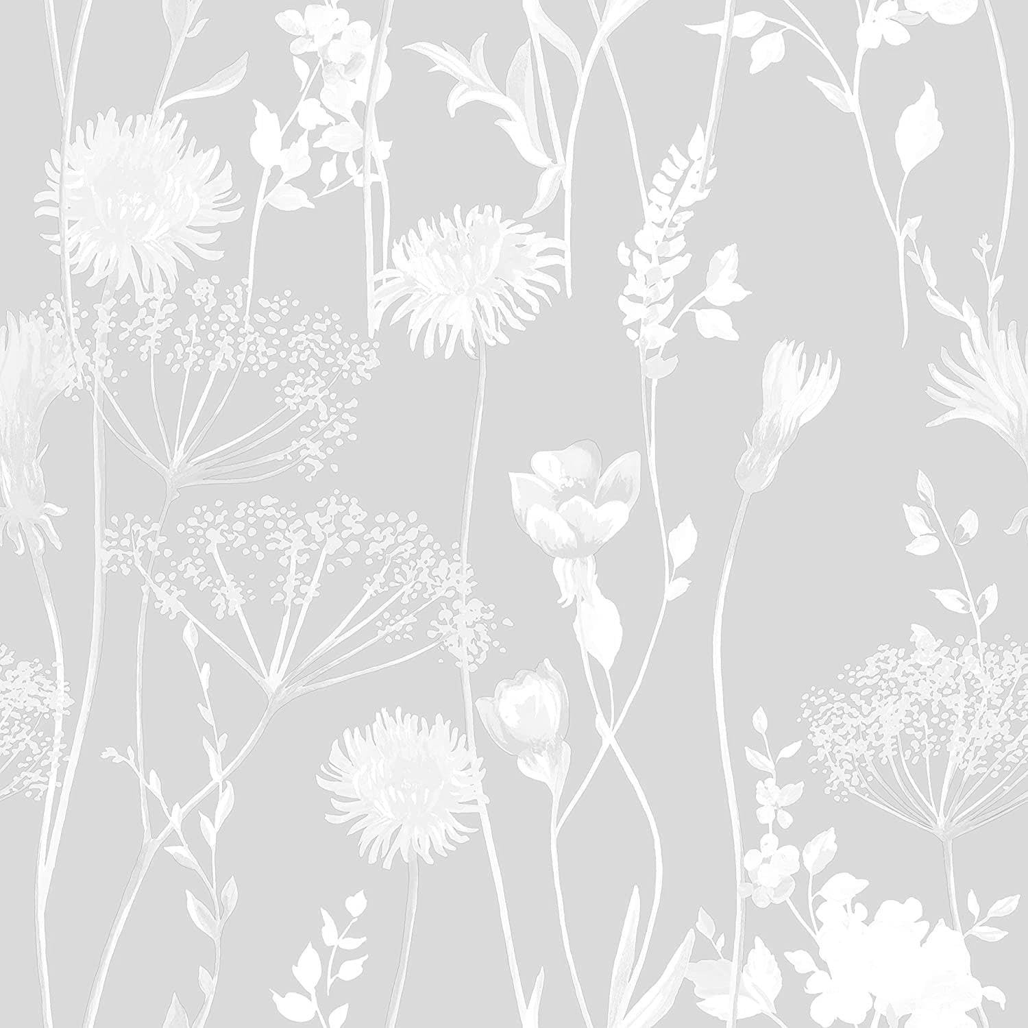 Meadowsweet Floral Grey Wallpaper - Naturistic Botanical Petals Flowers - Trendy Stylish Feature Wall