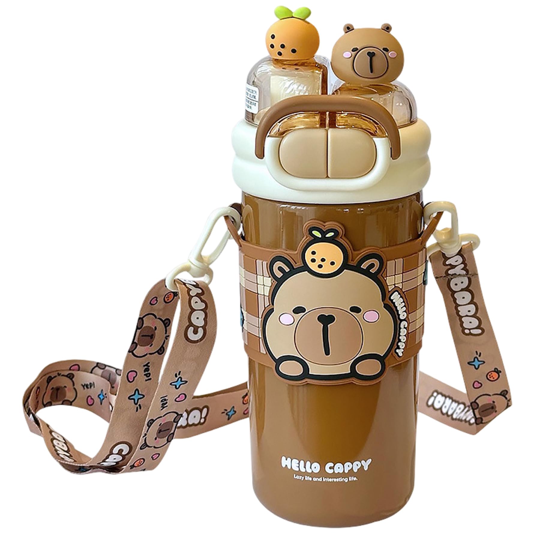 HoveeLuty Capybara Water Bottle, 520ml Stainless Steel Double-Drinking Kawaii Water Bottle with Straw and Adjustable Strap for School Office Travel, Dark Brown with Straw Cute — image 1