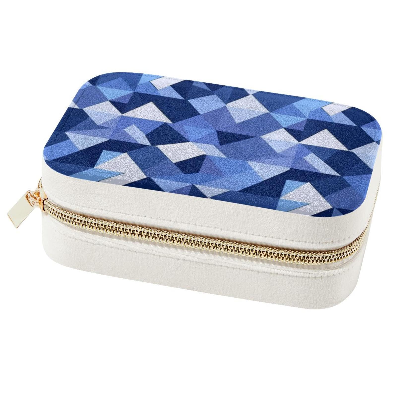 Boîte à bijoux élégante en tissu géométrique bleu coffret de rangement haut de gamme pour colliers