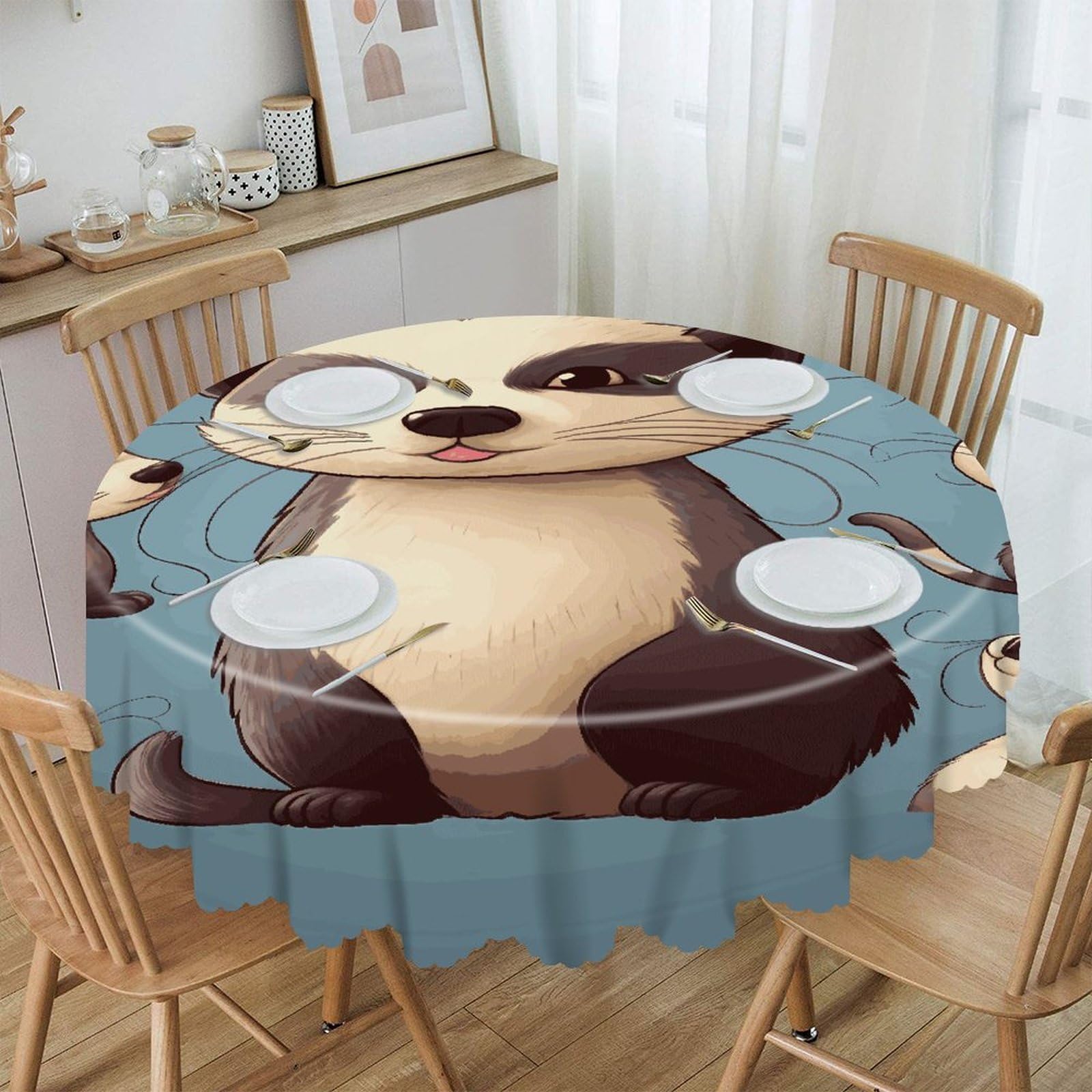 FekiLoot Hairy Ferret Round Tablecloth Waterproof Spill-Proof Wipeable Table Cloth Wrinkle Free Circle Dining Table Cover for Dining Kitchen Wedding Parties Machine Washable