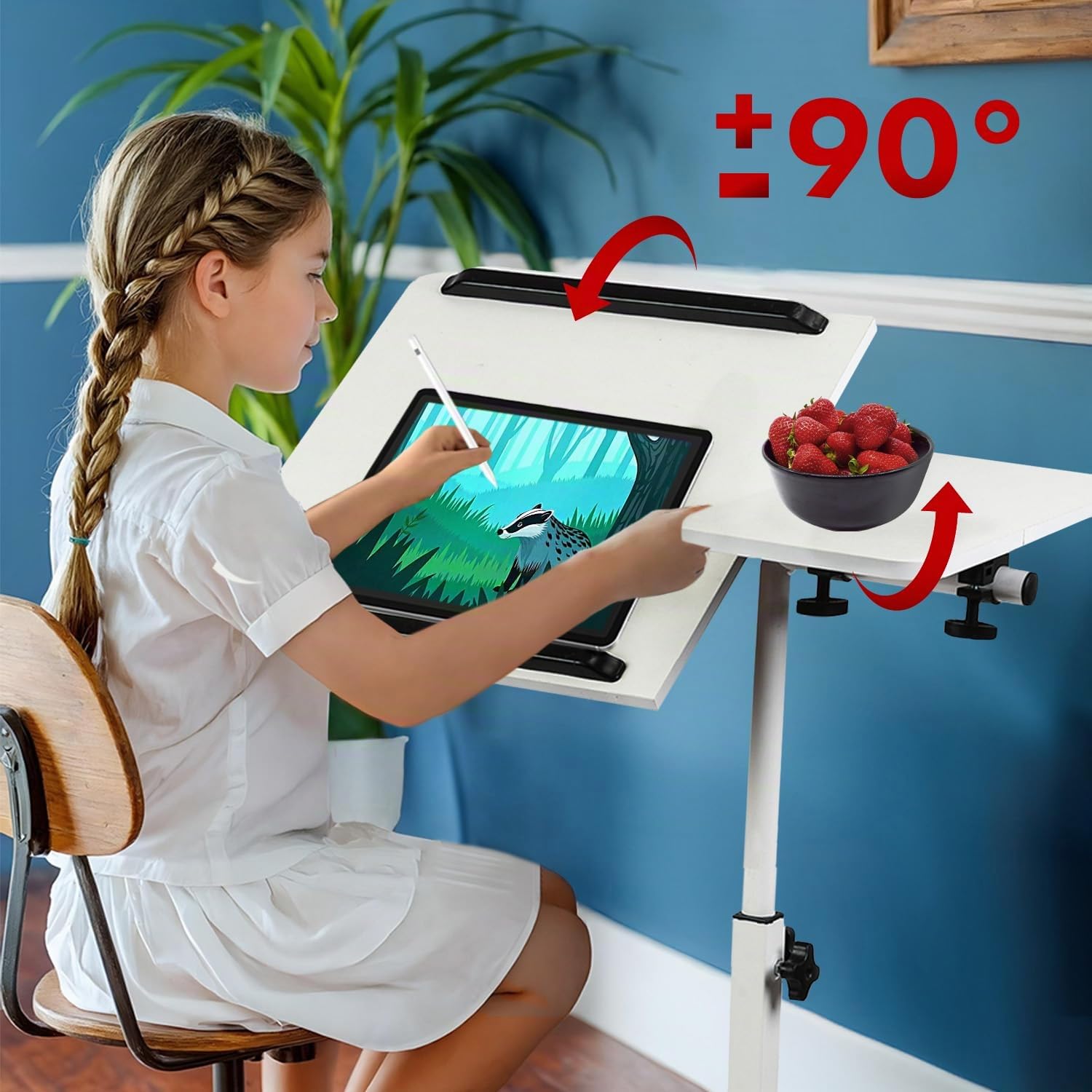 Maclean Mesa Portátil | Altura Ajustable de 59 a 89 cm | Tablero Doble Inclinable hasta 90° | Ruedas con Freno | Capacidad de Carga hasta 30 kg | Mesa Ergonómica para Ordenador (Blanco)
