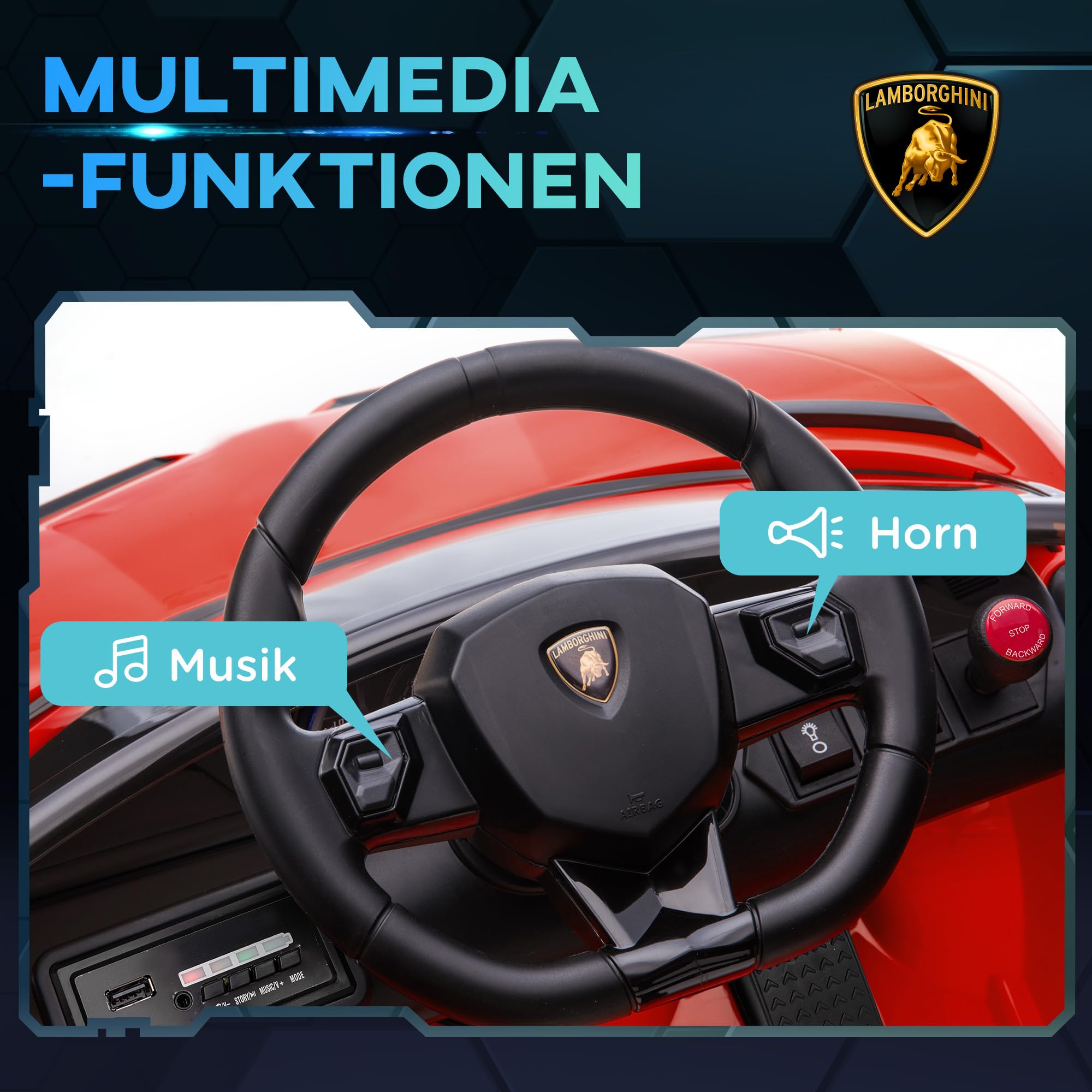 HOMCOM Samochód elektryczny dla dzieci Lamborghini Aventador SVJ Roadster 12 V, samochód dziecięcy z pilotem zdalnego sterowania 2,4 G, 2 silniki, pojazd dziecięcy z klaksonem MP3, muzyka, delikatny