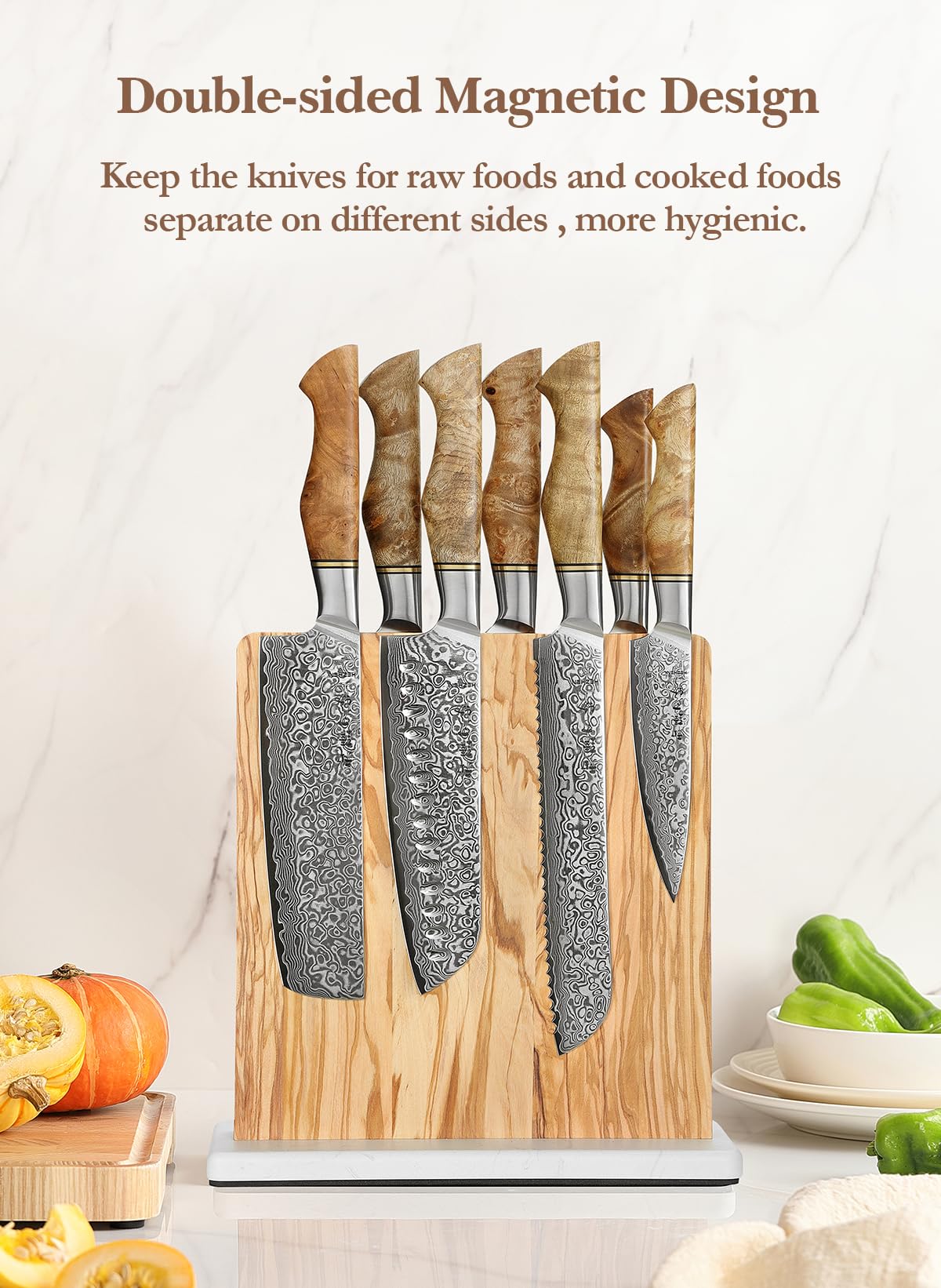 HEZHEN Juegos de Cuchillos de Cocina, Set Cuchillo de Cocina Profesional con Soporte para Cuchillos Magnético Doble Cara, Bloque de Cuchillos de Madera de Olivo