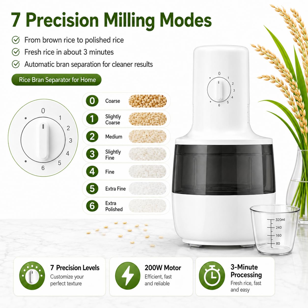 Macchina per fresatura e sbucciatura del riso con separatore automatico di crusca, 320 ml, precisione a 7 marce per grano, cereali e cereali, uso domestico efficiente