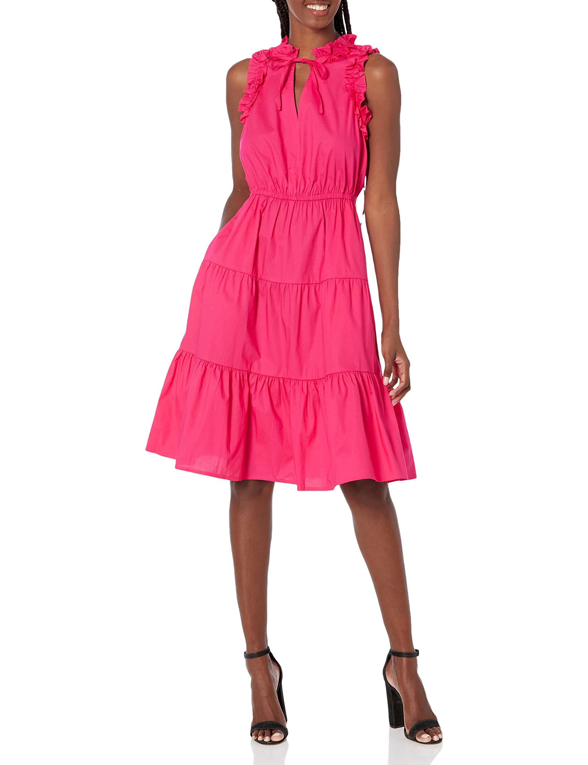 Women's V-Neck Tiered Skirt Dress with Tie and Ruffle Details