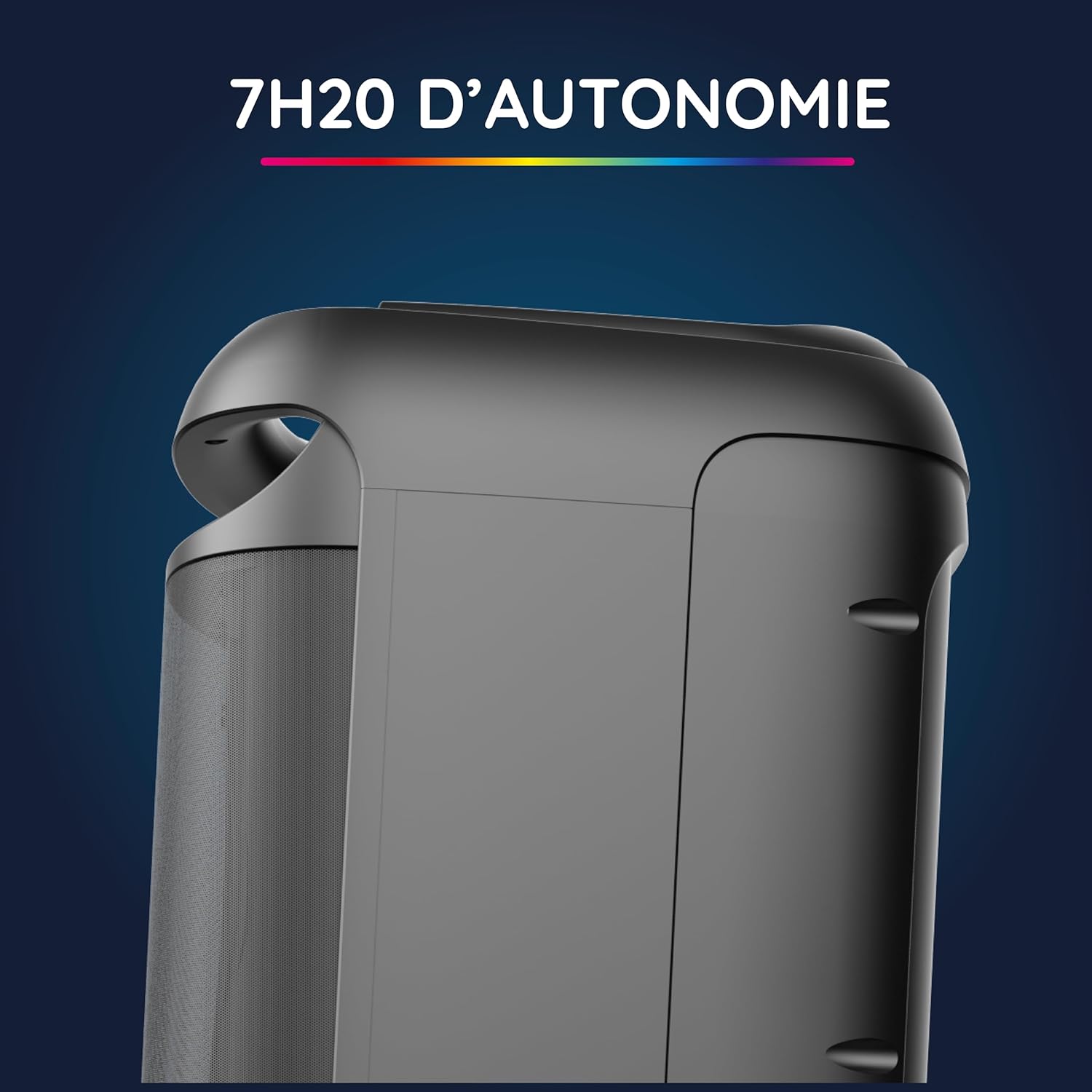 lateral view of R-MUSIC Blaster M speaker, indicating long battery life