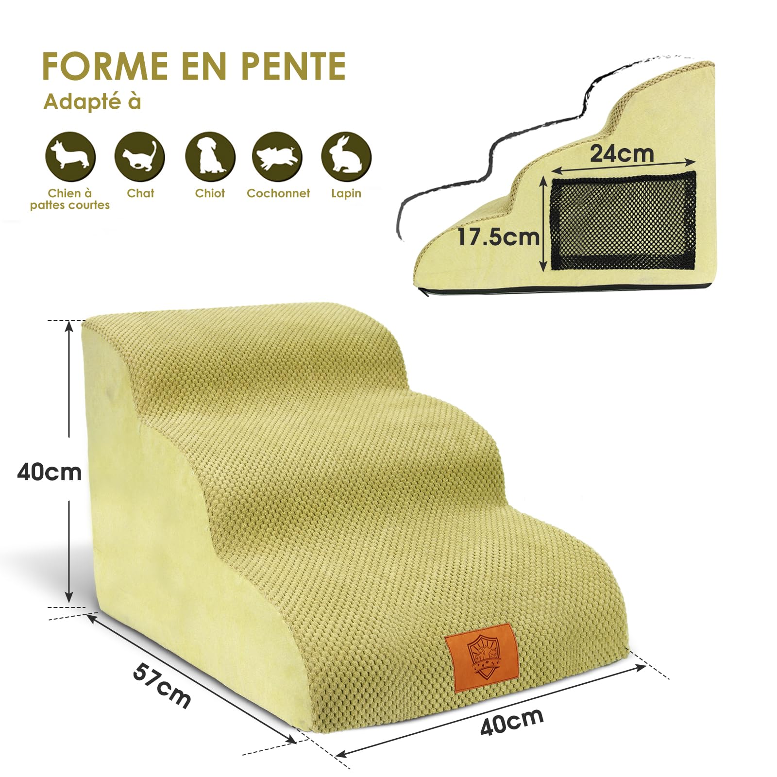 MASTERTOP Scale per Cani a 3 Gradini in Spugna, Scala Antiscivolo per Animali Domestici, Scaletta Spugna Ccuccioli per Divano Letto con Fodera Rimovibile e Lavabile (Giallo Senape)
