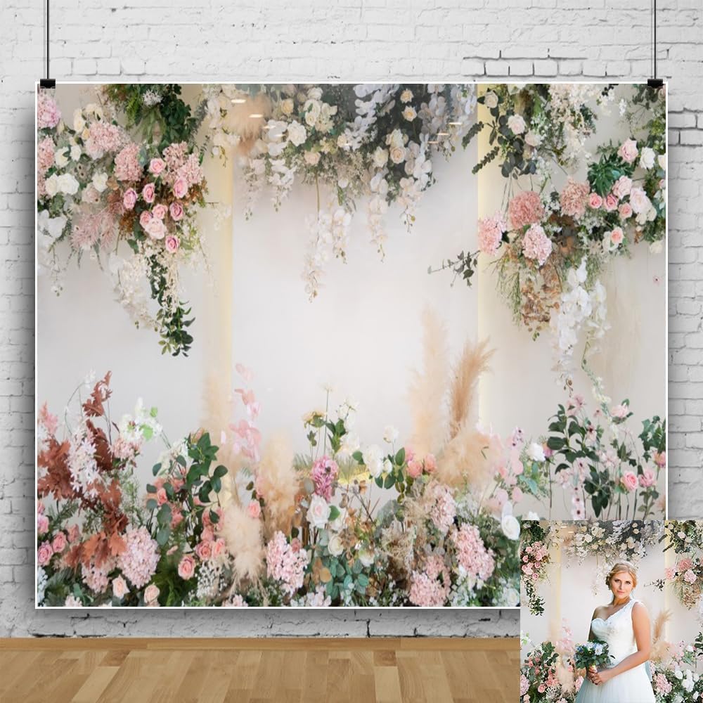 8x6ft Floral Wedding Bridal Shower Backdrop Romantic White and Pink Flower Wall Photo Background for Photography Tea Party Birthday Party Decorations Studio Photo Props