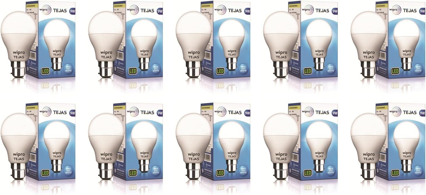 wipro Tejas 9w LED Bulb for Home & Office |B22 LED Bulb Base |Cool Day White Light (6500K) |4Kv Surge Protection |High Voltage Protection |Eco Friendly Energy Efficient | Pack of 10