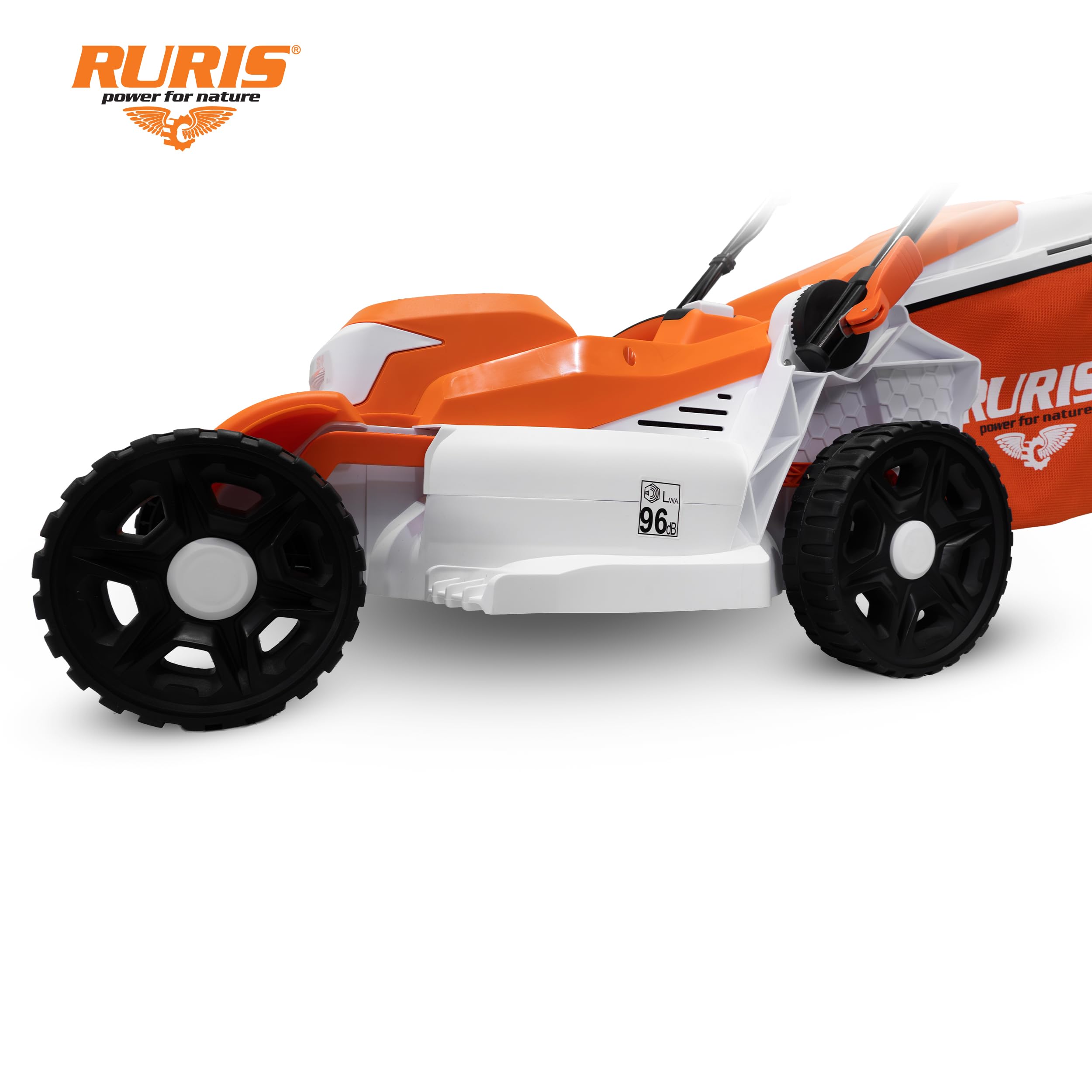 RURIS RXE1800 Confort - Cortacésped eléctrico (1800 W, Ancho 400 mm, 7 Alturas 25-75 mm, 3 Funciones Mulching Bandeja 40 L, Almacenamiento Vertical, asa de Espuma Confort Pro