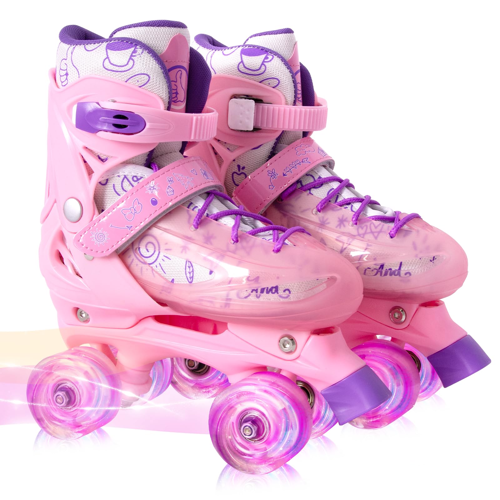 Rainbow Toddler Roller Skates - Size 4 Adjustable | Light Up Quad Skates for Girls & Boys Beginners Aged 3-12