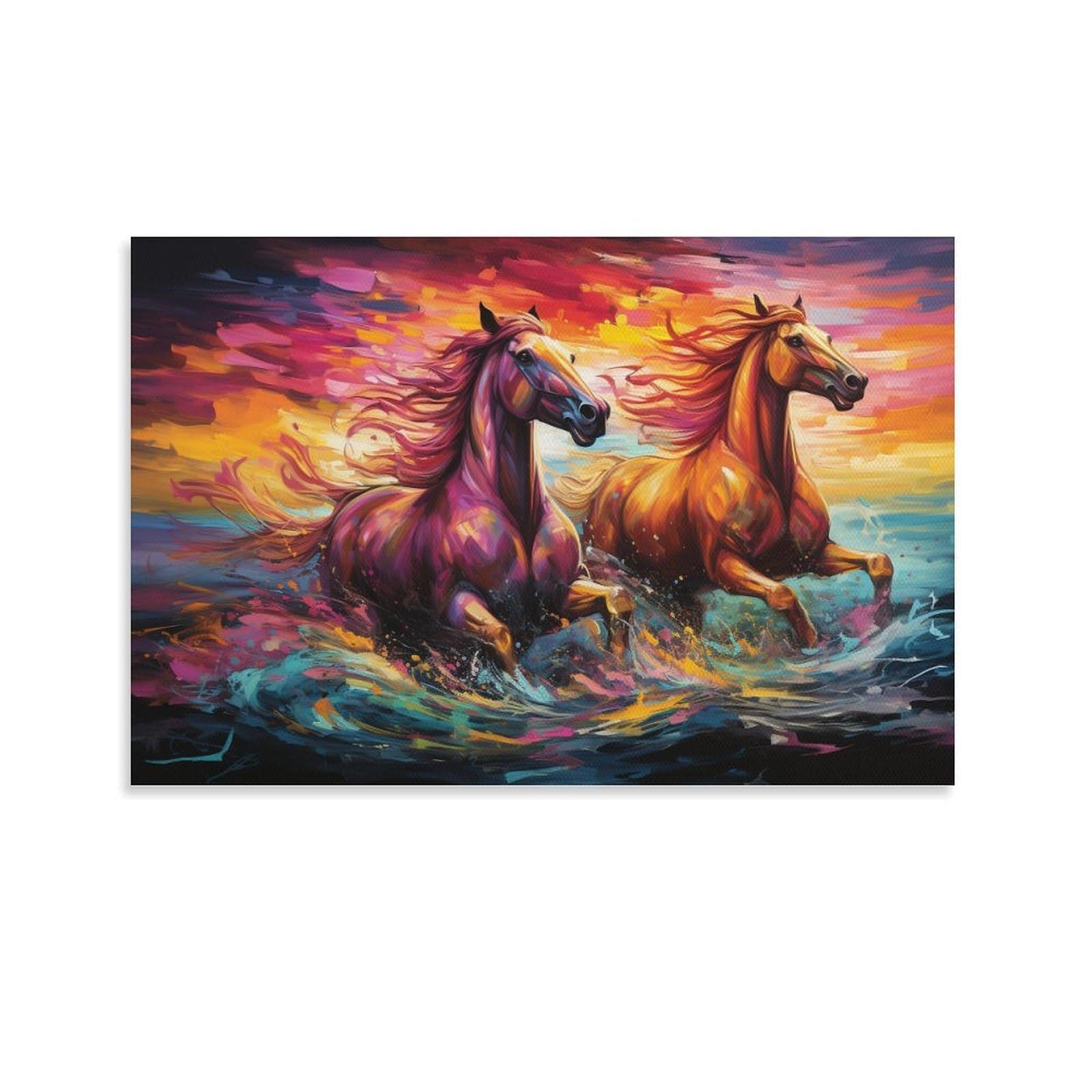 CPLVKWRQJ Bright Magical Colorful Single Piece Two Horses Running at Sunset Canvas Wall Decor - Office Canvas Print Fade Resistant Wall Focal Art Decor 24x36inch(60x90cm)