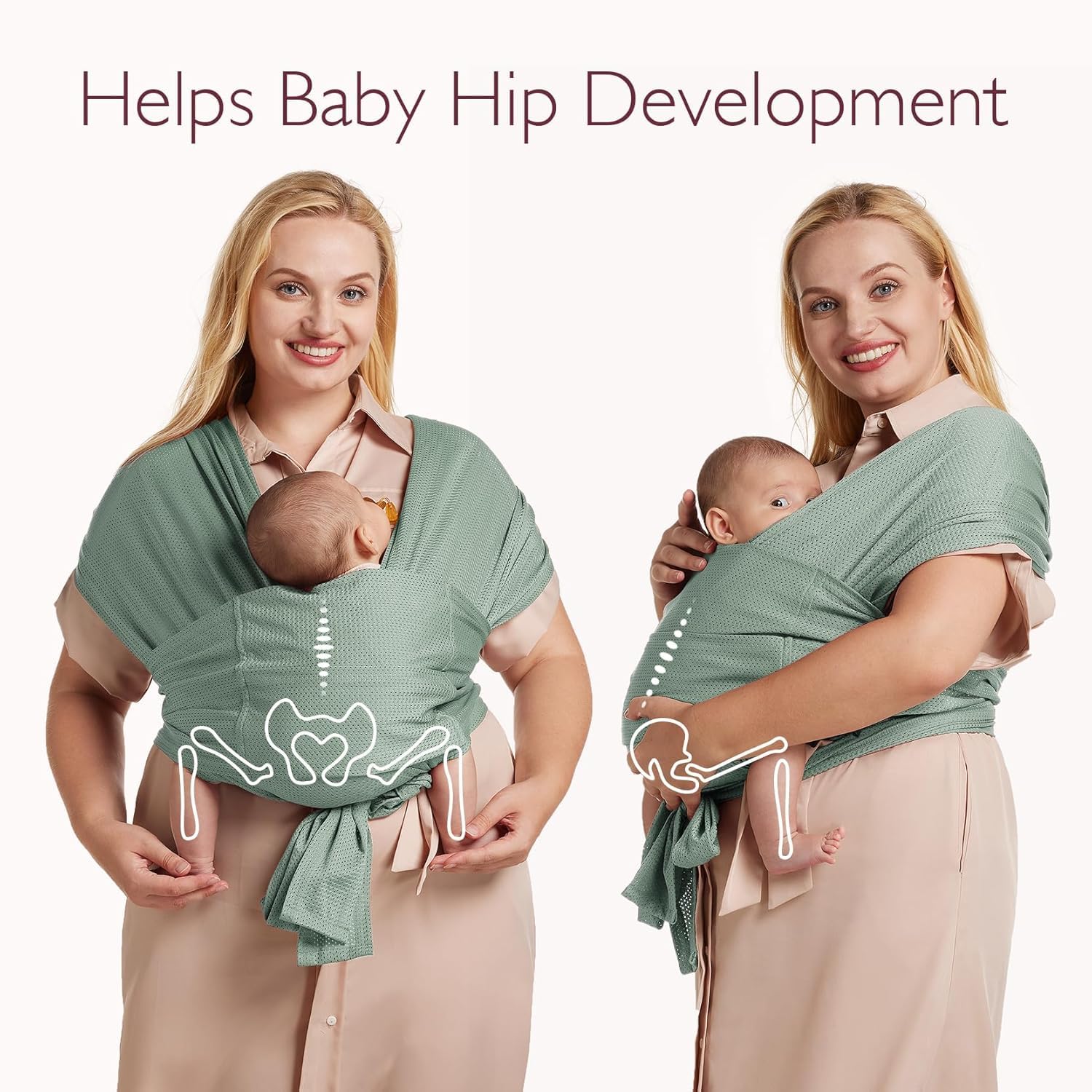 Momcozy Regulowana chusta do noszenia noworodka z chłodzącą siateczką Air-Mesh, łatwa do noszenia dla niemowląt (3,6-15 kg), odpowiednia do obwodu talii 76,2-119,4 cm, zielona