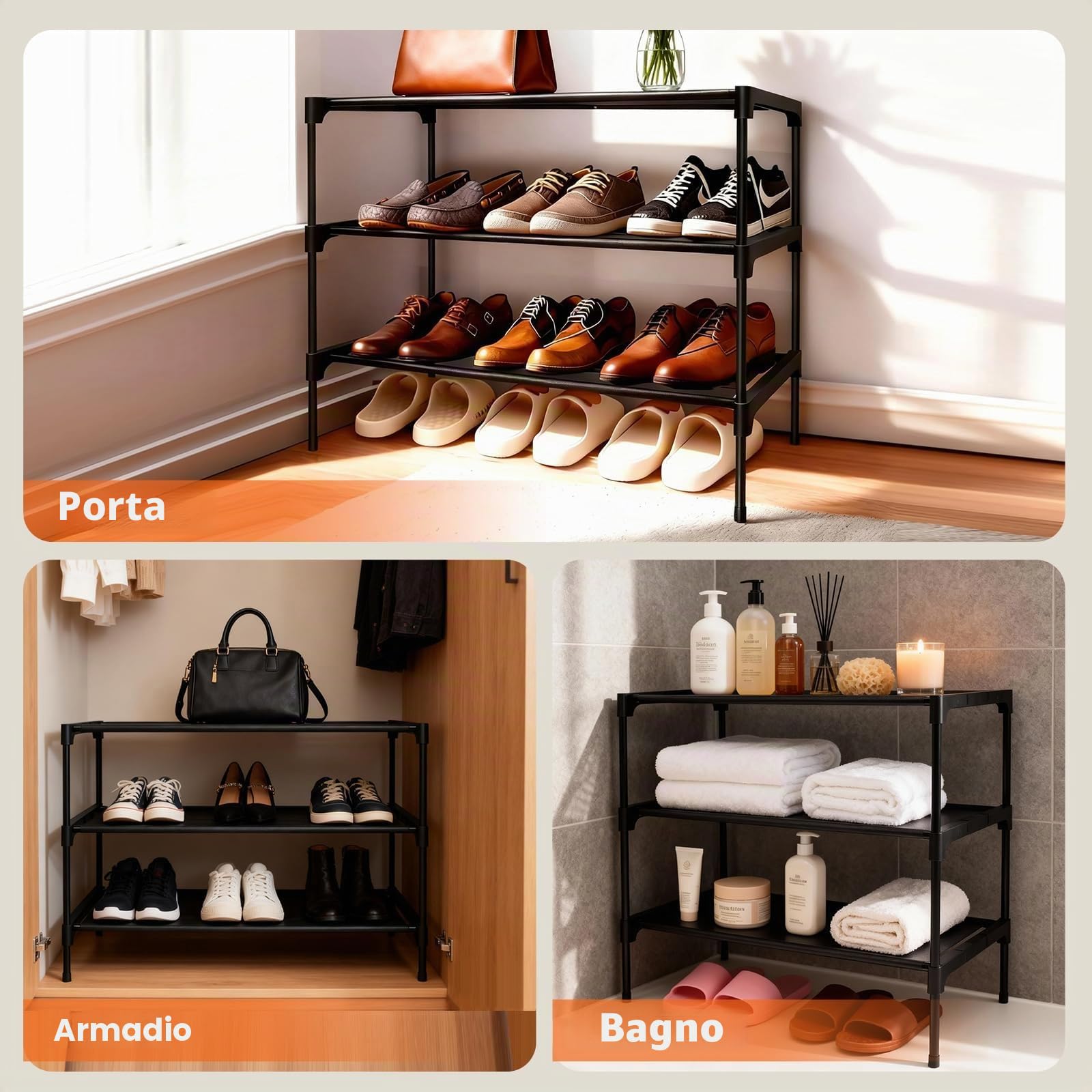 Scarpiera a 3 Ripiani, Impilabile Scaffale Portascarpe Organizzatore in Metallo per 9 Paia di Scarpe per Soggiorno, Corridoio, Camera da Letto (60 x 30 x 36 cm, Nero) (60 x 30 x 45 cm, Nero)