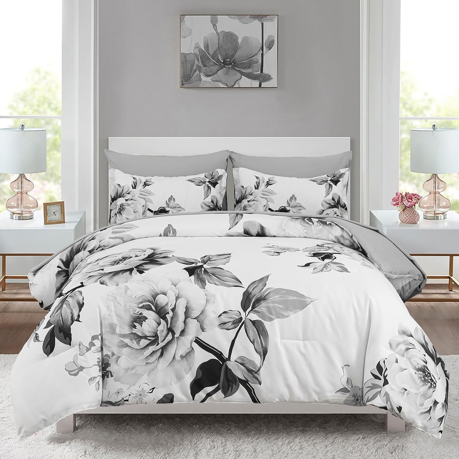 Drucon Grey Floral Comforter Set Queen 7 Pieces Bed in a