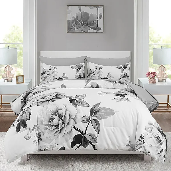 Drucon Grey Floral Comforter Set King 7 Pieces Bed in a Bag Botanical Floral Comforter Soft Microfiber Grey Bedding Set King Size Bed with Sheet and Pillowcase