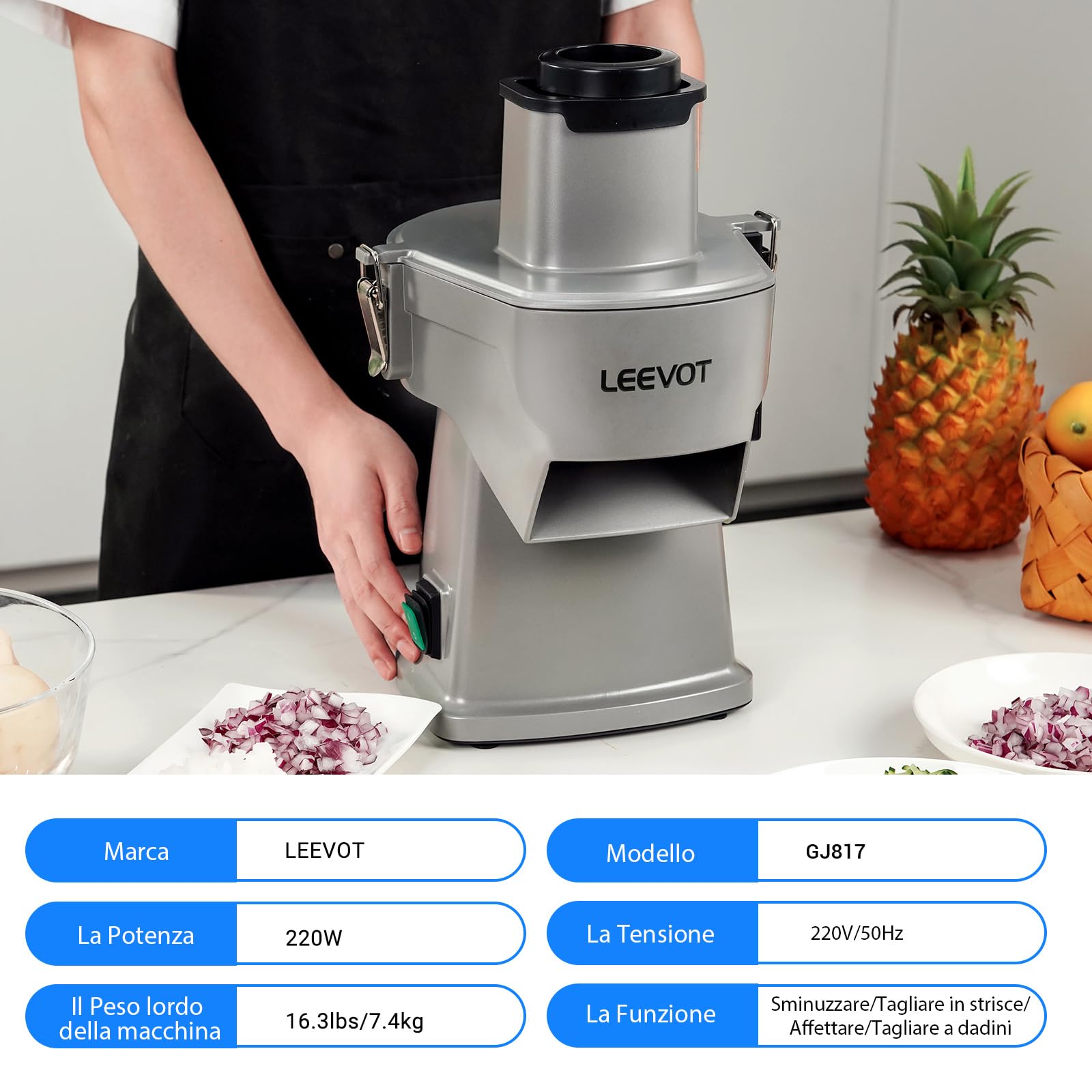 LEEVOT Tritatutto Verdure Elettrico Commerciale 200W, Robot da Cucina per Affettare, Diced e Grattugiare, Cutter Verdure Professionale per Ristorante, Hotel, Scuola, Mensa, Patatine Fritte, Grattugia