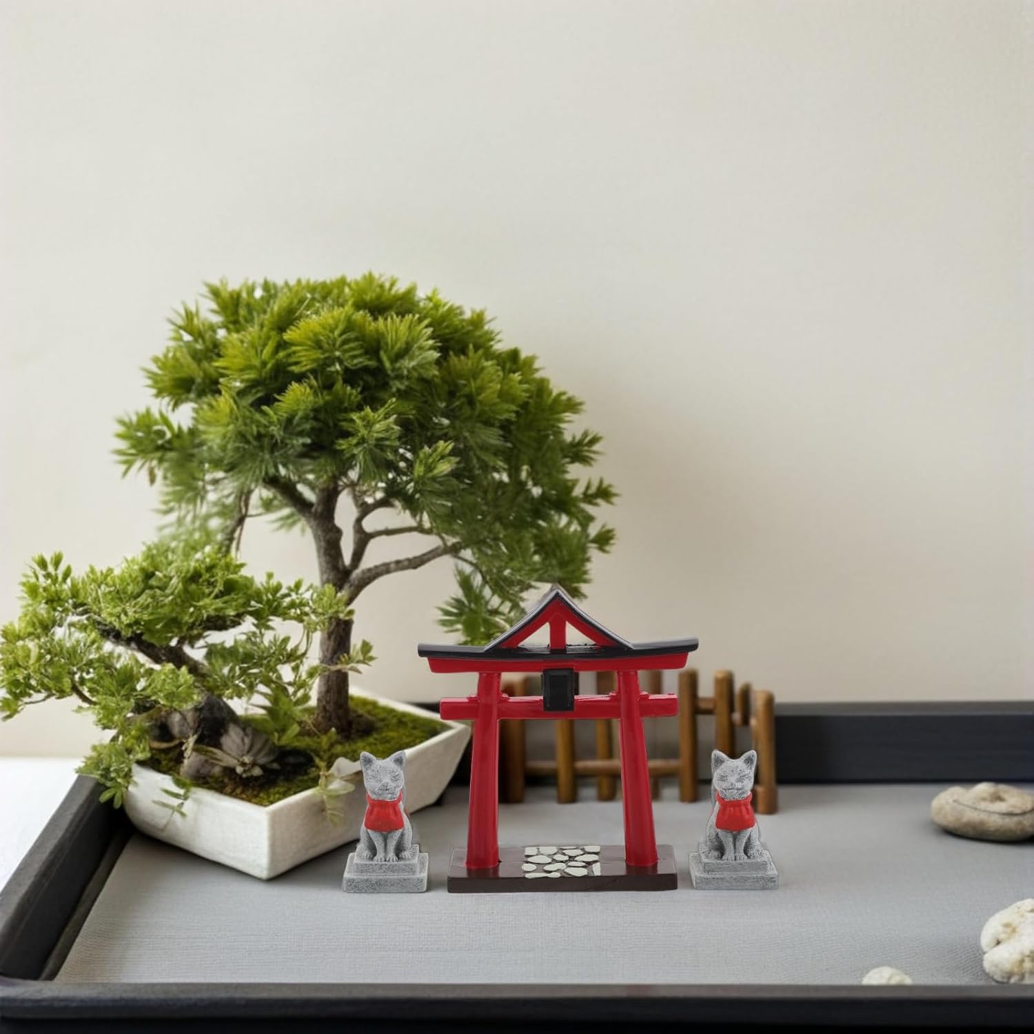 Miniature Japanese Torii Gate Shinto Shrine with Sacred Fox Figurine for Garden Moss Micro Landscape Decor Bonsai Supplies
