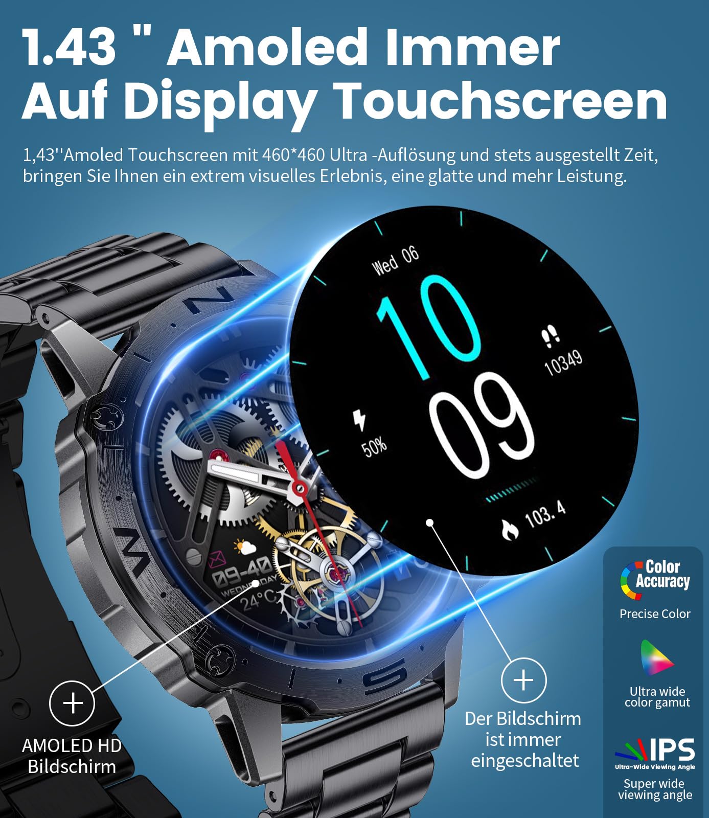 LIGE Smartwatch Herren mit Telefonfunktion für Android iOS 1.43'' Amoled HD Outdoor Sportuhr Smartwatch mit 110 Sportmodi,Pulsmesser/Schlafmonitor,IP68 Wasserdicht Schrittzähler,400mAh Batterie