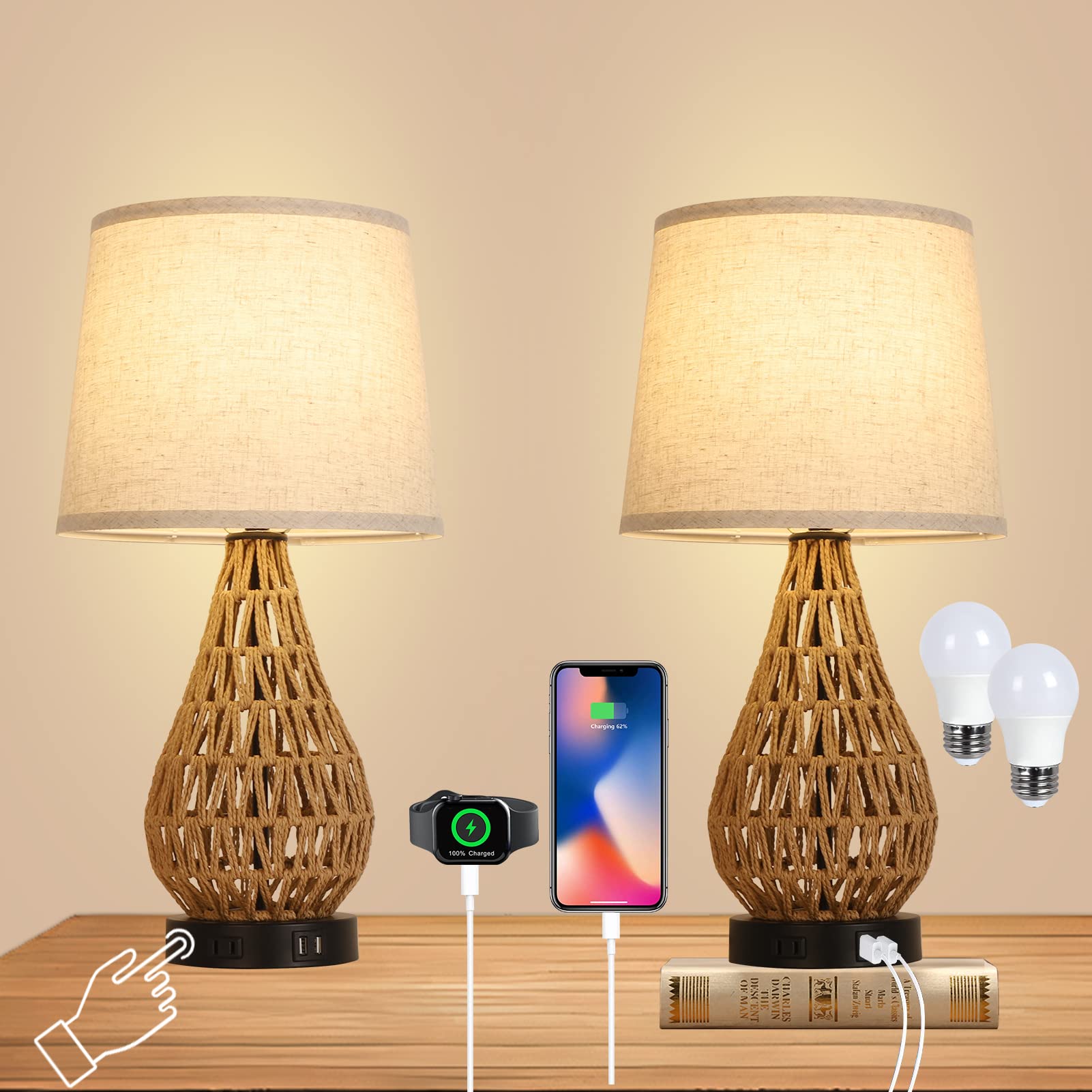 Touch Control Table Lamps Set of 2 Rattan Bedside Lamps with 2 USB