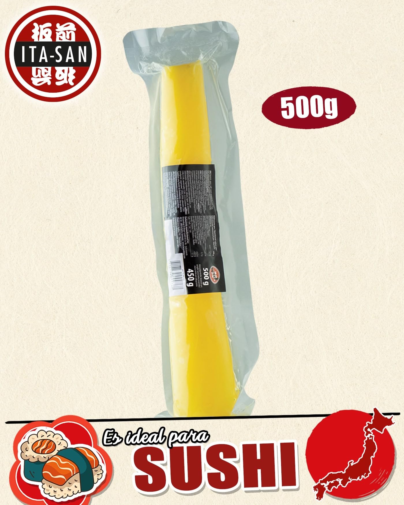 ITA-SAN Rábano Takuan, encurtido, entero, agridulce, para la preparación de sushi y otros platos asiáticos, 1 x 500 g