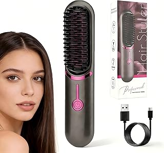 Cepillo Alisador de Pelo Inalámbrico Portátil para Mujer, 2 en 1 Plancha de Pelo y Cepillo, Plancha de Pelo Portátil para Viaje, Calentamiento Rápido y Plancha de Cerámica Inalámbrica (Negro)