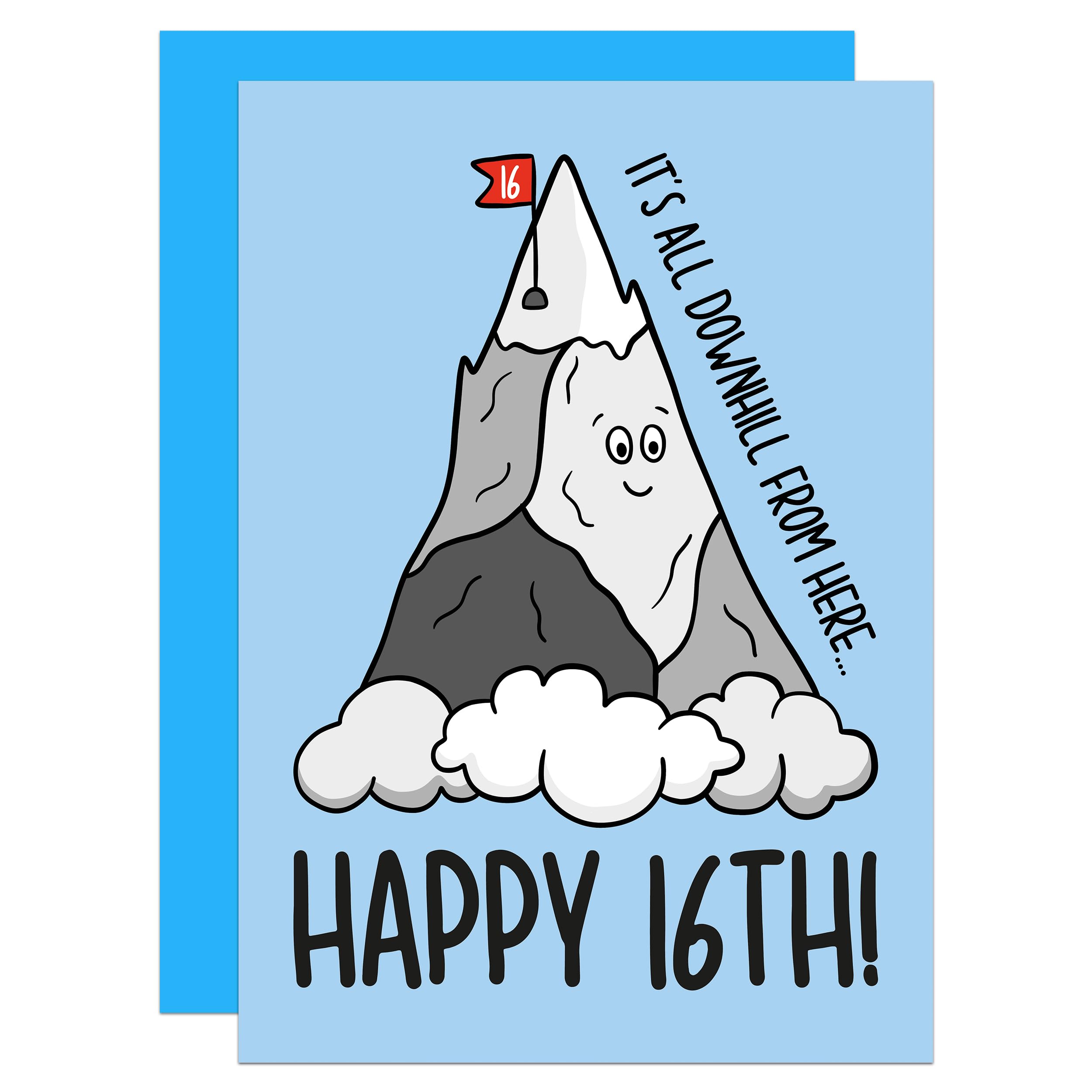 Funny 16th Birthday Card, Sixteenth Birthday, All Downhill Card, Birthday Age Card, Milestone Birthday Card, For Son, For Daughter, All Downhill Milestone Birthday A6 Card (16th)