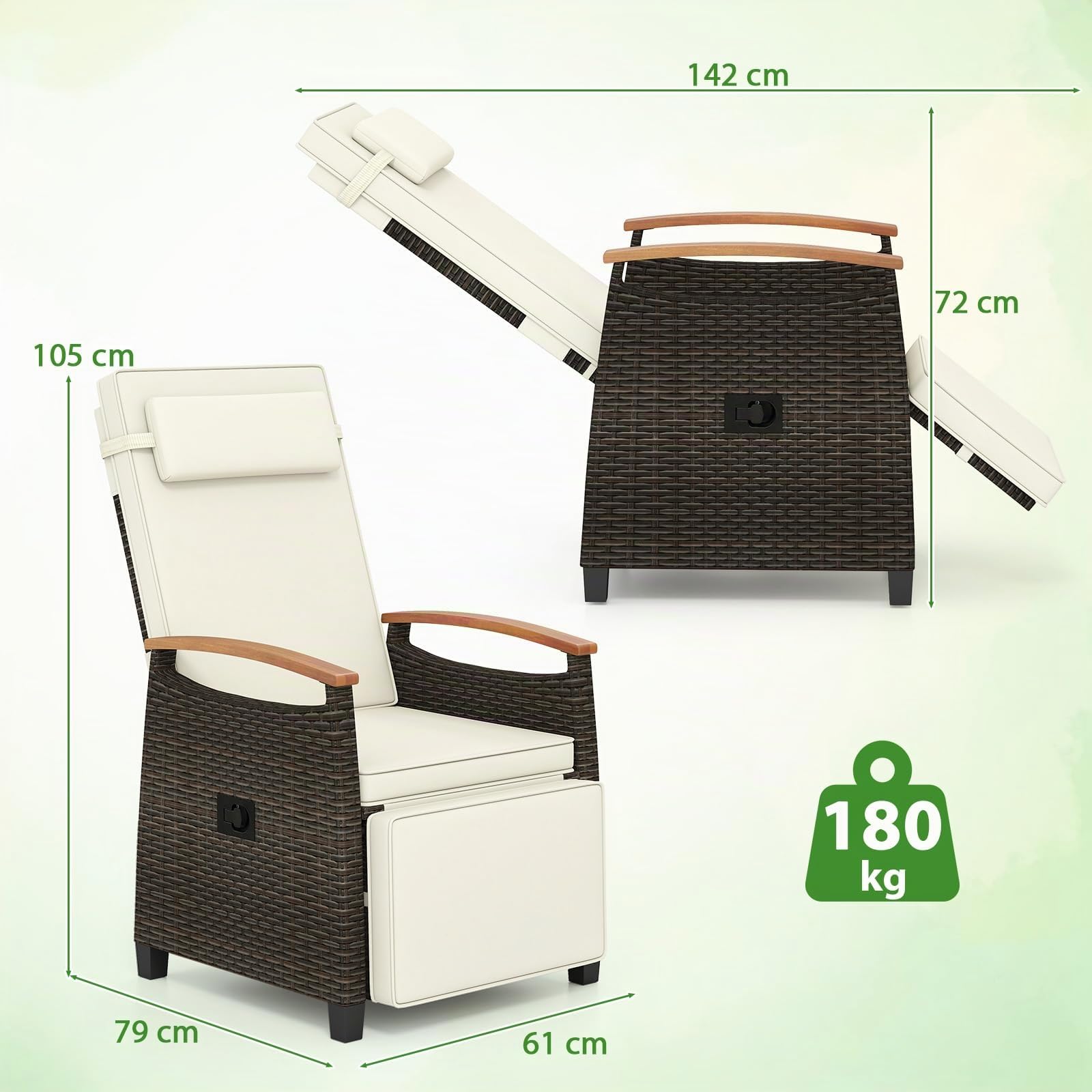 LIFEZEAL Sdraio da Giardino in Rattan (1, Bianco) | Lettino Prendisole Regolabile fino a 150°, Poltrona con Poggiapiedi, Tavolino Pieghevole e Cuscino Poggiatesta, per Terrazzo
