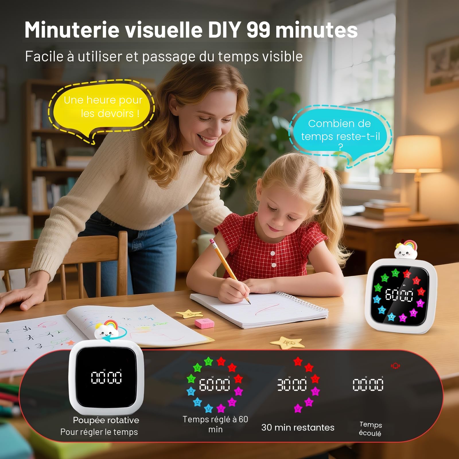 Yunbaoit Minuteur Visuel, Compte à Rebours Silencieux Rechargeable de 99 Minutes, 9 Couleurs D'affichage Optionnelles, Outil de Gestion du Temps pour Les Enfants et Les Adultes (Arc-en-Ciel)