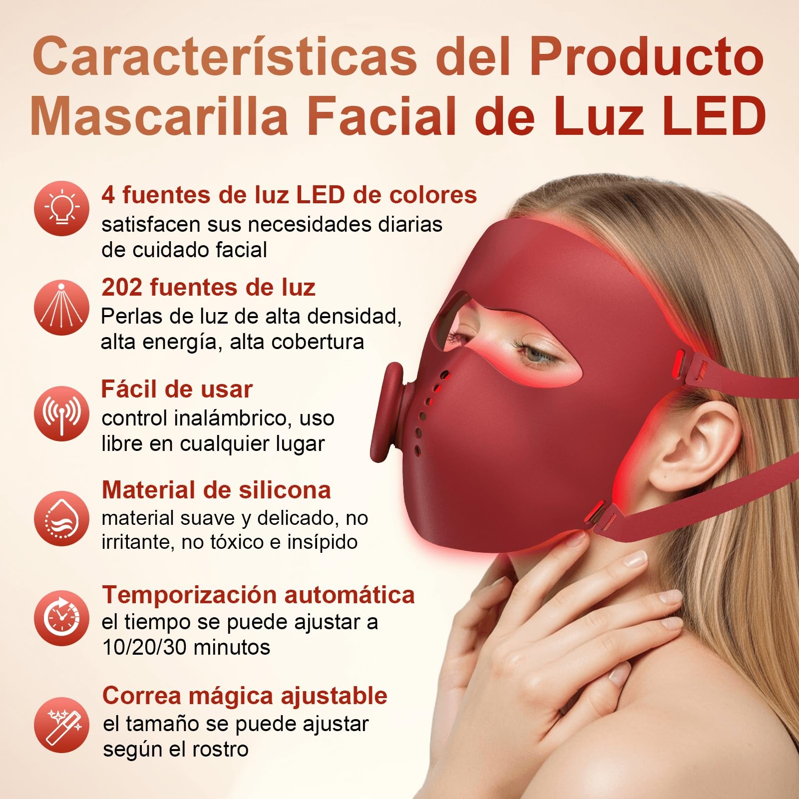 Máscara LED facial 4 colores, 64 LED, inalámbrica | 4 modos + IR, recargable, cómoda, temporizador, todos tipos de piel