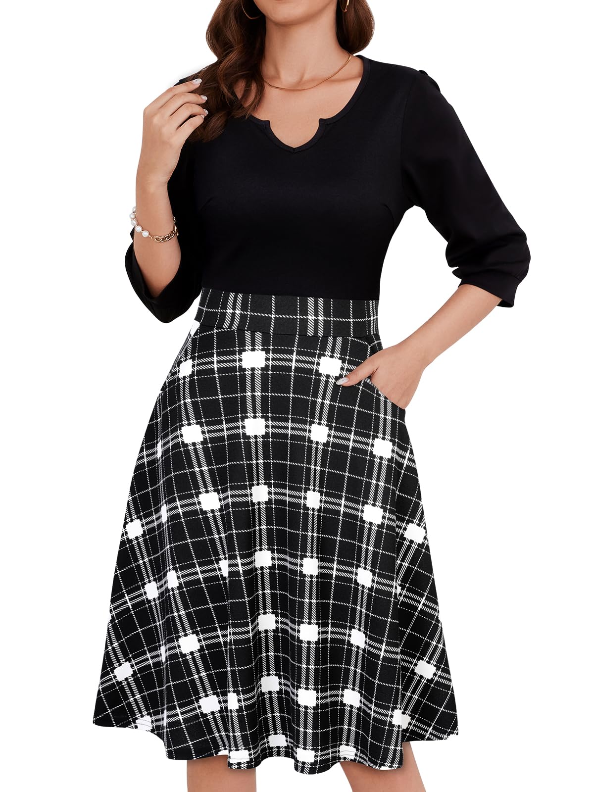 YATHON Womens 3/4 Sleeve Elegant Fit and Flare A Line Work Church Classy V Neck Pleated Fall Cocktail Dresses with Pockets