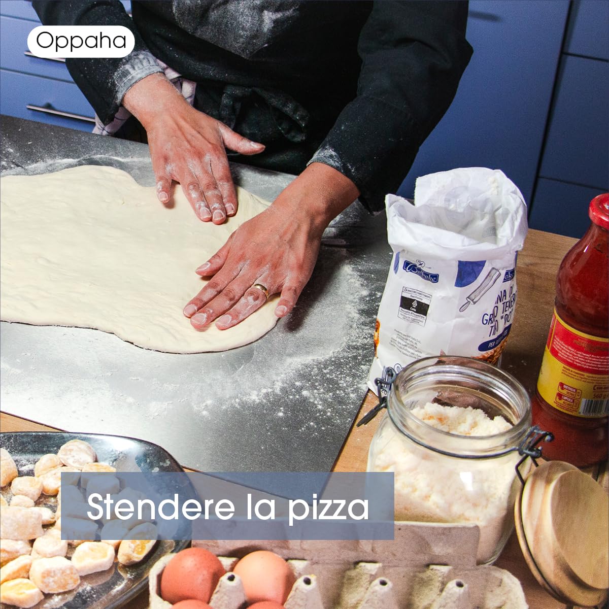 Oppaha - Spianatoia da Cucina in Acciaio Inox - Piano da Lavoro Compatto per Impastare - Superficie in AISI 304 - Tappetino Antiscivolo Incluso -56x30 cm