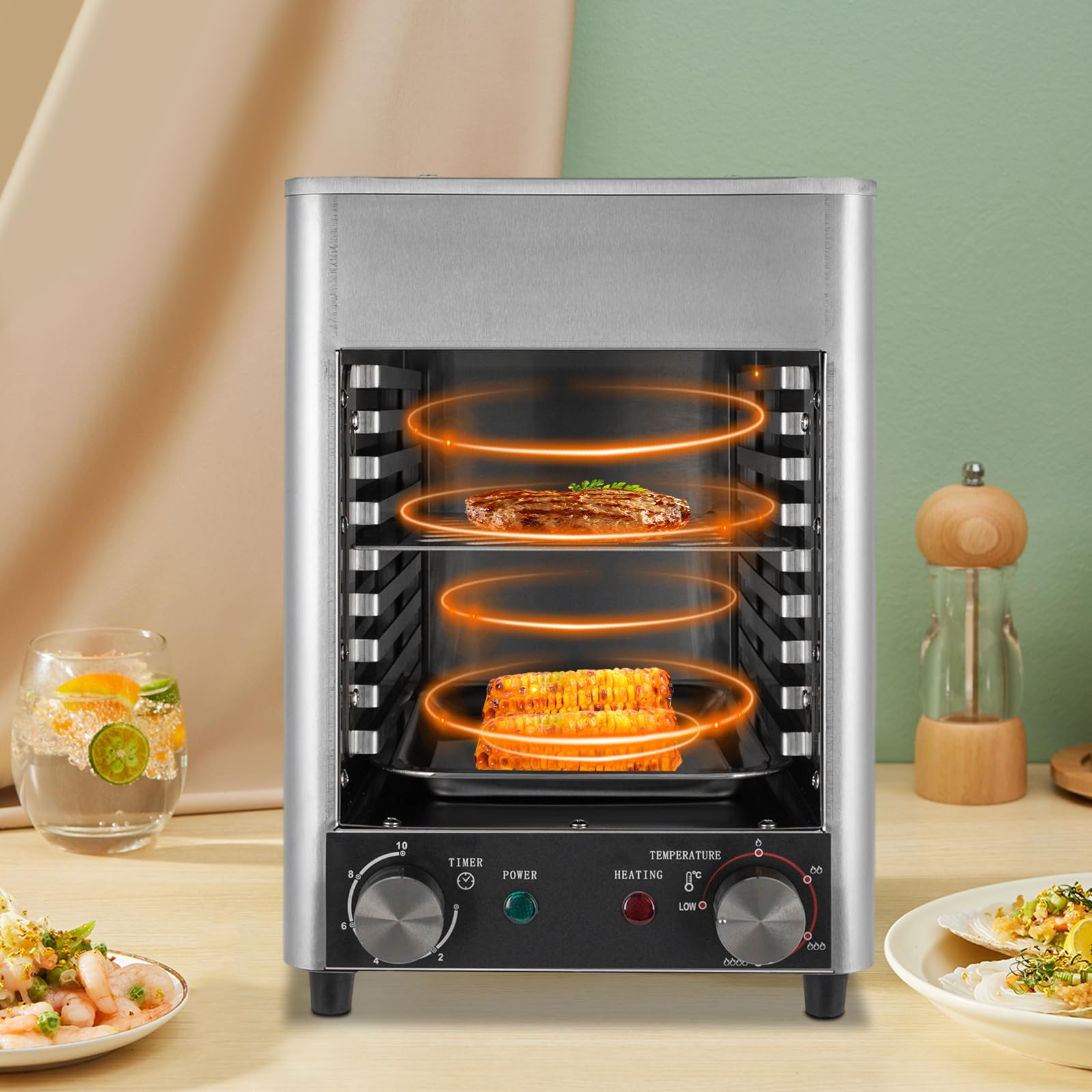 Electric Steak Grill, 1700W Countertop Stainless Steel Grill with 9 Grill Slots, 5min Preheating Time & 0-10min Timer 32~1472? for Cooking Steak, Lamb Chops, Chicken, Pizza