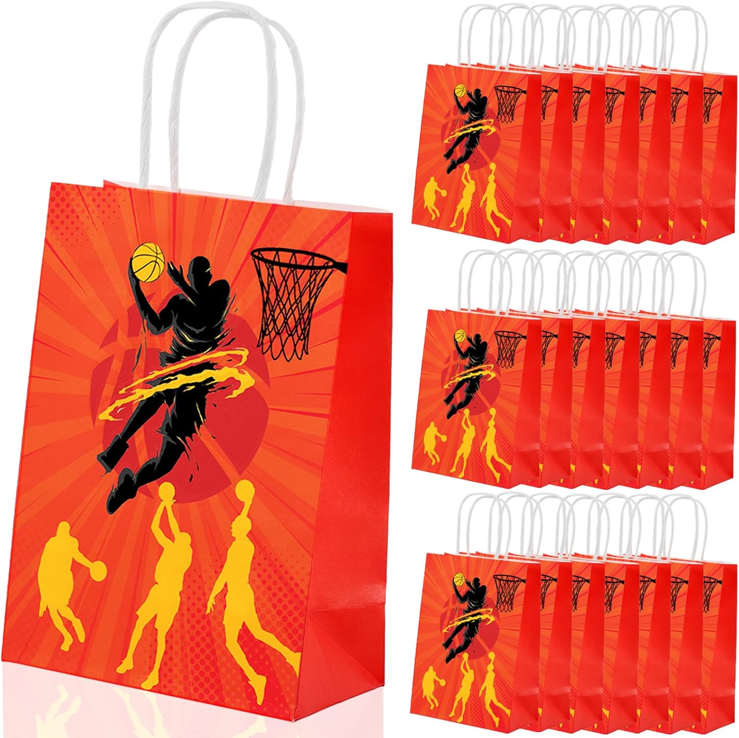 Vyndicca 24 PCS Basketball Goodie Bags, Basketball Party Favor Bags with Handles, Basketballs Gift Bag for Kids Sports Themed Birthday Party Supplies, Candy Treat Paper Bag, Red