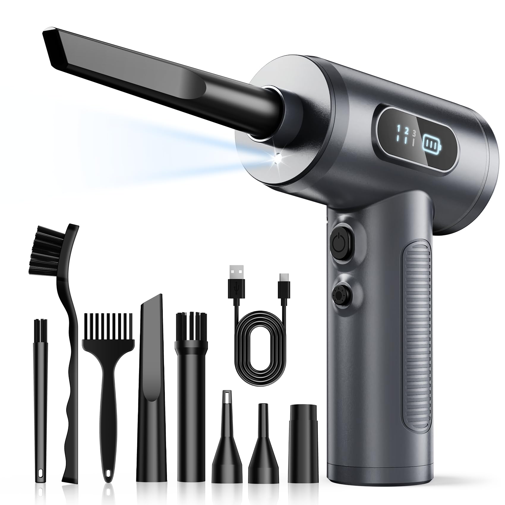 Compressed Air Duster-3 Gear Adjustable 100000RPM Electric Air Duster with LED Light, Rechargeable Cordless Air Blower for Keyboard Electric Devices Cleaning. Replaces Compressed Air Cans (Grey)