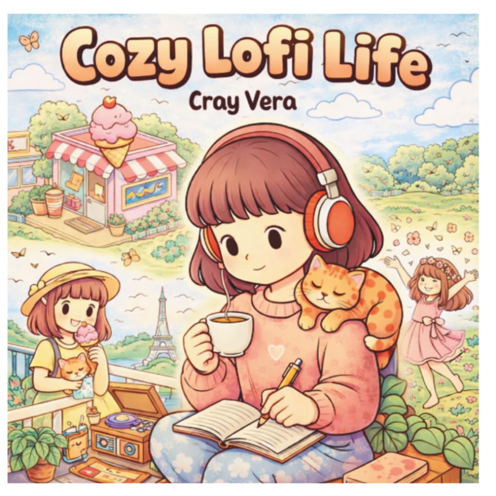 Cozy Lofi Life: Coloring Book for Adults and Teens, Aesthetic Everyday Moments of lofi Music, cute simple coloring book girl and cat