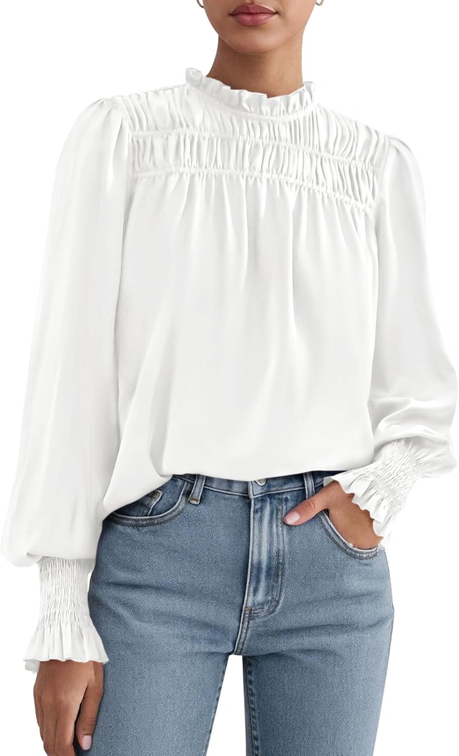 PRETTYGARDEN Blouses for Women Dressy Casual Fall Outfits 2025 Frill Neck Long Sleeve Shirts Satin Work Business Casual Tops White Small