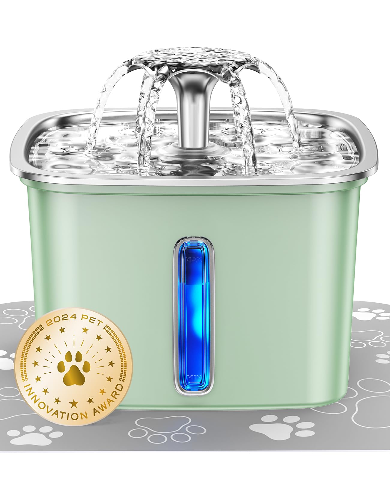 Innovation Award Winner Stainless Steel Cat Water Fountain, 95oz/2.8L Automatic Pet Fountain Dog Water Dispenser with Replacement Filters & Silicone Mat for Cats, Dogs, Multiple Pets (Tea Green)