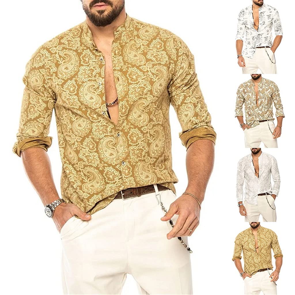 Abiti Primavera Estate Camicia di Lino Uomo Maniche Lunghe Stampa Spiaggia Hawaiana Casual Floreale Camicia Cardigan Monopetto (Color : Yellow, Size : XL Code)