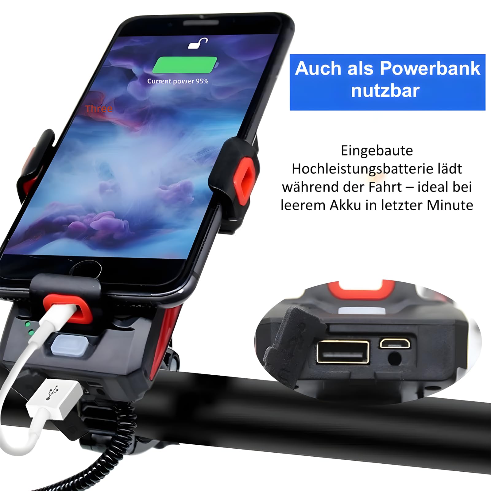 pikfein RadGenie Smart 4-in-1: Die Innovative Fahrrad Handyhalterung USB wiederaufladbare LED Fahrradscheinwerfer, IPX4 Regenschutz, für alle Fahrräder