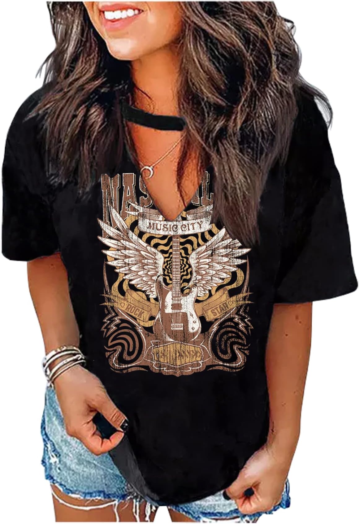 CHUNTIANRANHollow Out T Shirts for Women Western Graphic Shirts Country Cowgirls Shirts Casual Short Sleeve V Neck Tops