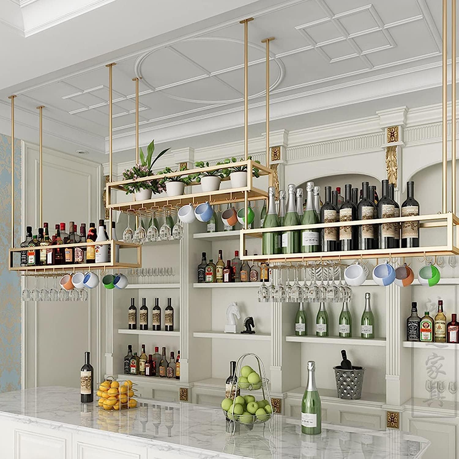 Gold Ceiling Mounted Hanging Wine Rack Iron Wine Bottle Holder Champagne Glass Goblets Storage Shelf, Bar Unit Home Decor Floating Display Shelves,100x25x21cm
