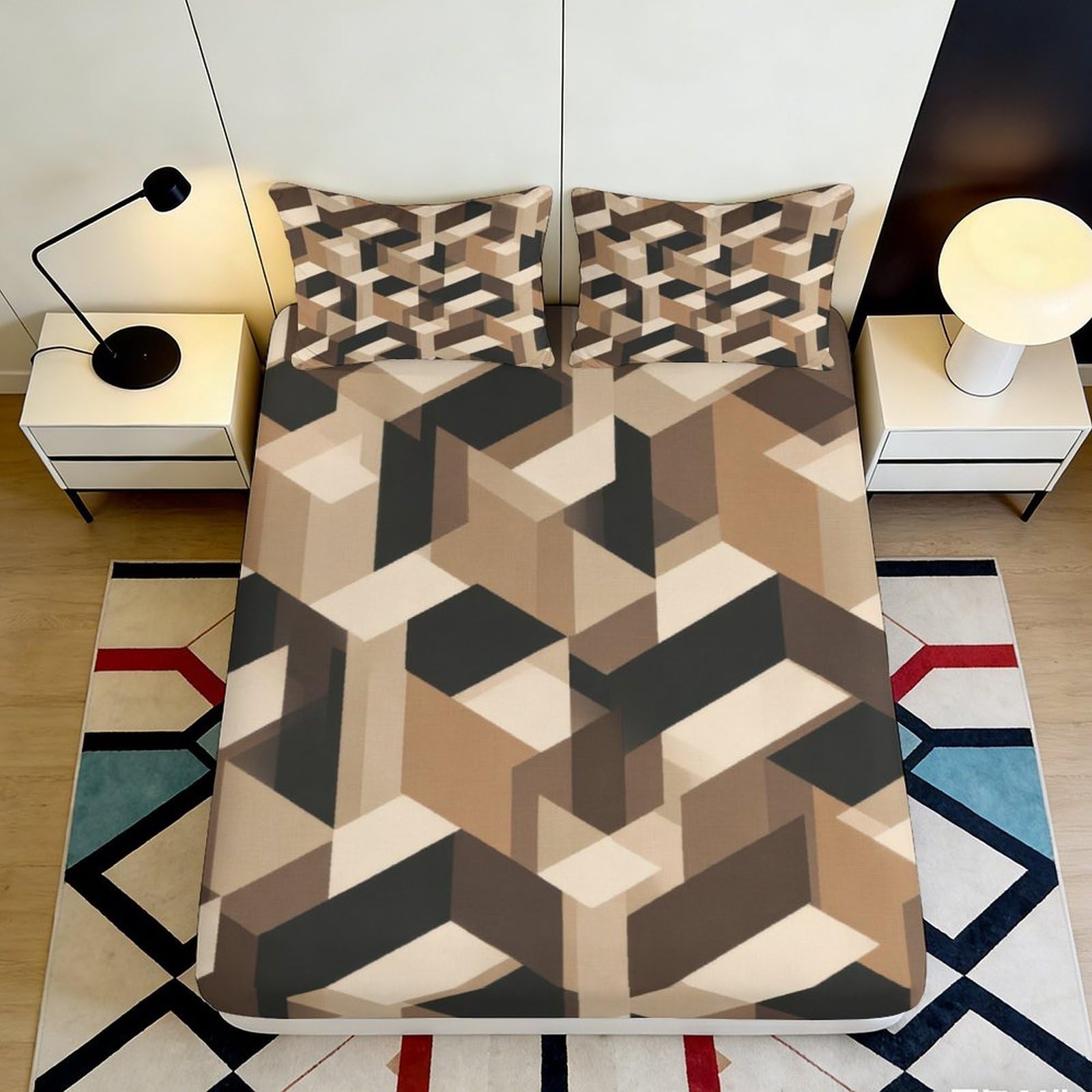 3D Printed Geometric Cube Fitted Sheet Microfiber Brown Block Pattern Mattress Cover for Bedroom Guest Room Decor 90x200x25cm