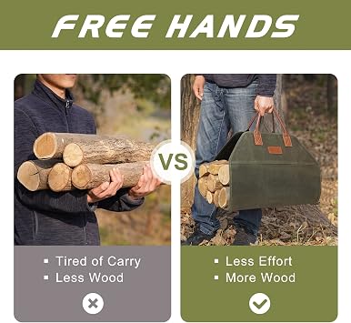 GOOD GAIN Firewood Carrier Waxed Canvas with Handles, Wood Carrier for Firewood, 36x18.5 Inch Heavy Duty Firewood Storage Tote, Fireplace Log Carrier Indoor Bag, Wood Stove Accessories. Green
