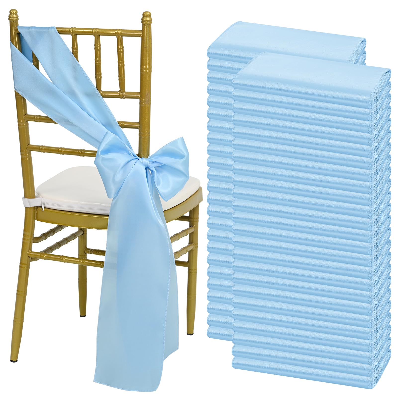 Photo 1 of LOKUME 100 PCS Satin Chair Sashes Bows, Baby Blue Chair Ribbon Ties Back Sash Bow Chair Decorative for Wedding Birthday Banquet Party Hotel Event Chair Cover Decoration(7 x 108 Inch)