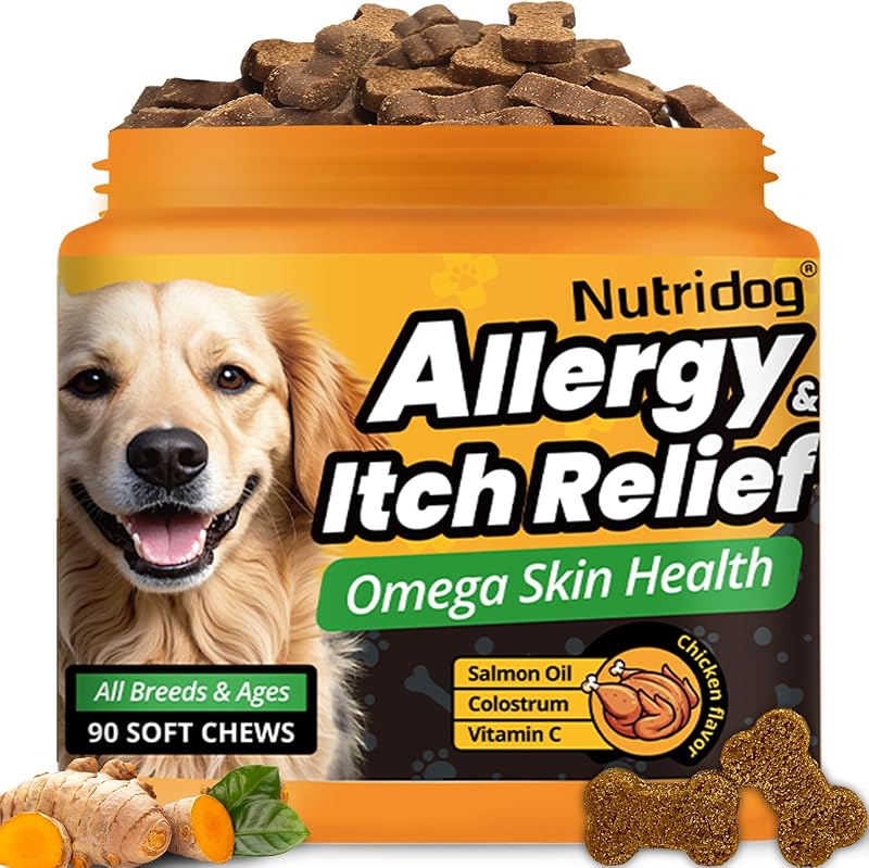Allergy Chews for Dogs - Dog Itching Skin Relief & Seasonal Allergy Support with Chamomile - Salmon Oil, Quercetin - Probiotic Anti-Itch Supplement for Dogs - Chicken Flavor - 90 Count