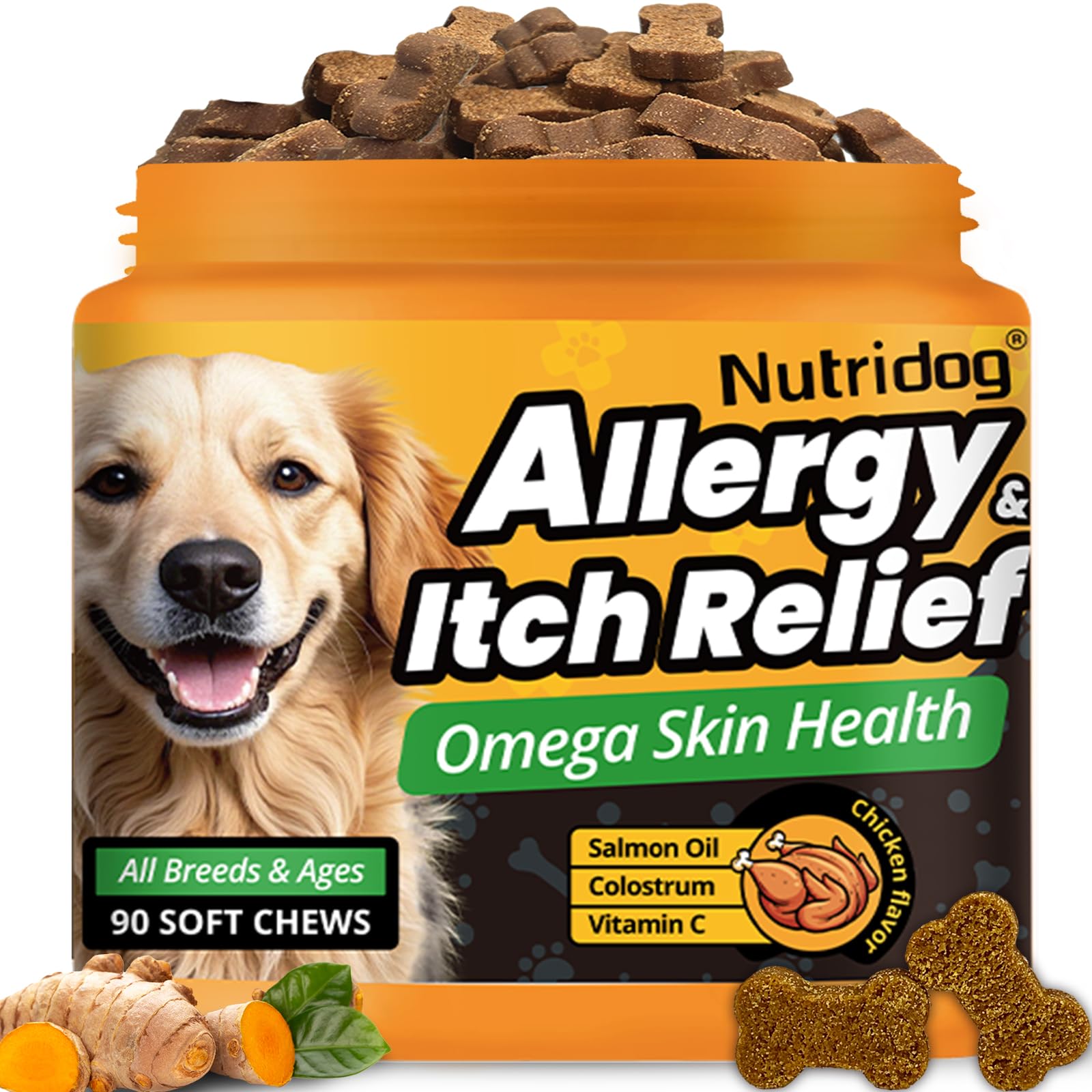 Nutridog Allergy Chews for Dogs - Dog Itching Skin Relief & Seasonal Allergy Support with Chamomile, Salmon Oil, Quercetin - Probiotic Dog Allergy