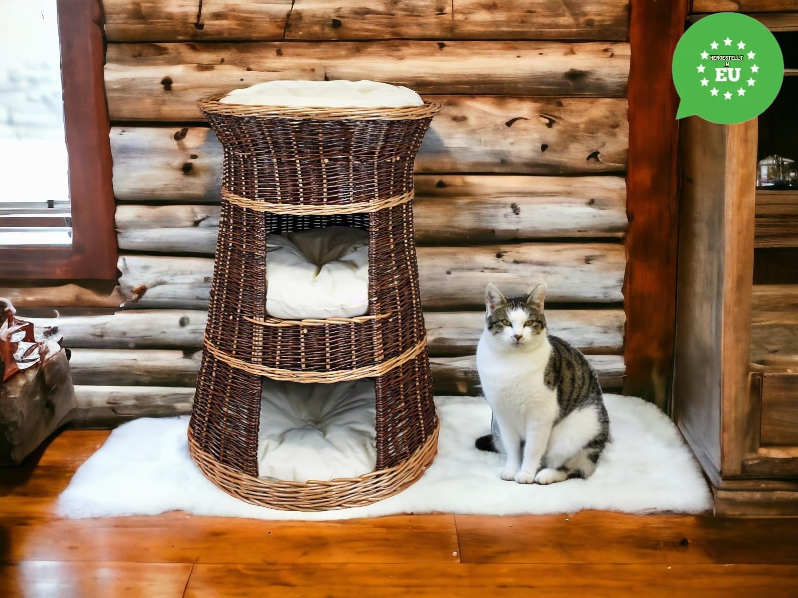 Katzenkorb zum Schlafen – Katzenhütte Indoor – Größe: 43 x 49 x 70 cm rund – Katzenhöhle aus Weide – Dreistufiges Bett für Hunde oder Katzen mit waschbaren Kissen in Ecru – Lackierter Korb