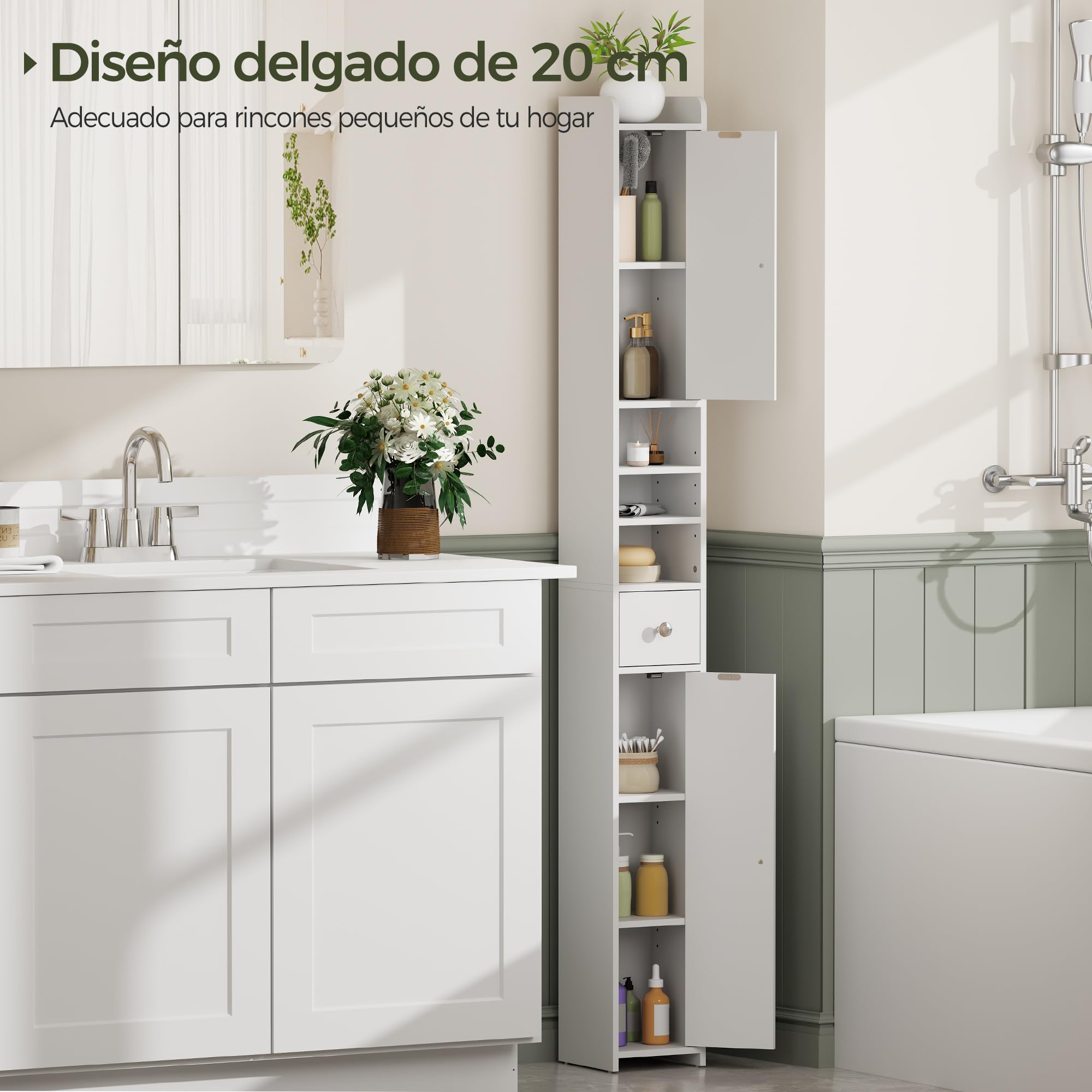 BEWISHOME Armario Alto de Baño,Mueble de baño Alto y Estrecho, Mueble Auxiliar baño,con Estantes Ajustables, Compartimentos Abiertos, para Espacios Pequeños, Moderno, Blanco EYYG07W