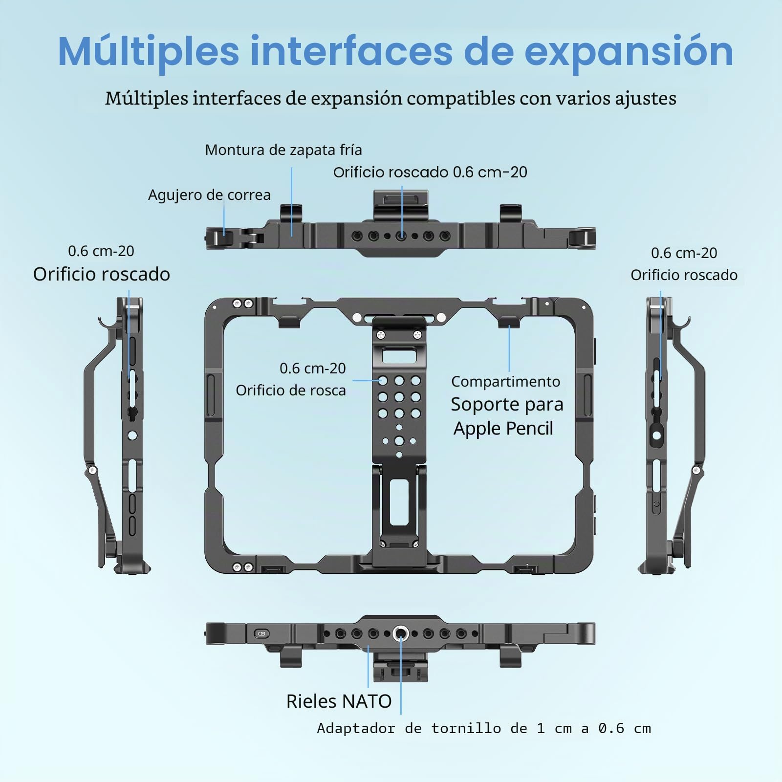 SMALLRIG Jaula de Metal para iPad Mini 6 / A17 Pro, Adaptador de Montaje en Trípode para iPad con Orificios de 1/4"-20, 3/8"-16, Montaje en Zapata Fría, con Parasol - 5058